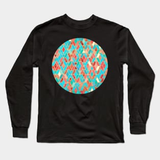 Melon and Aqua Geometric Tile Pattern Long Sleeve T-Shirt